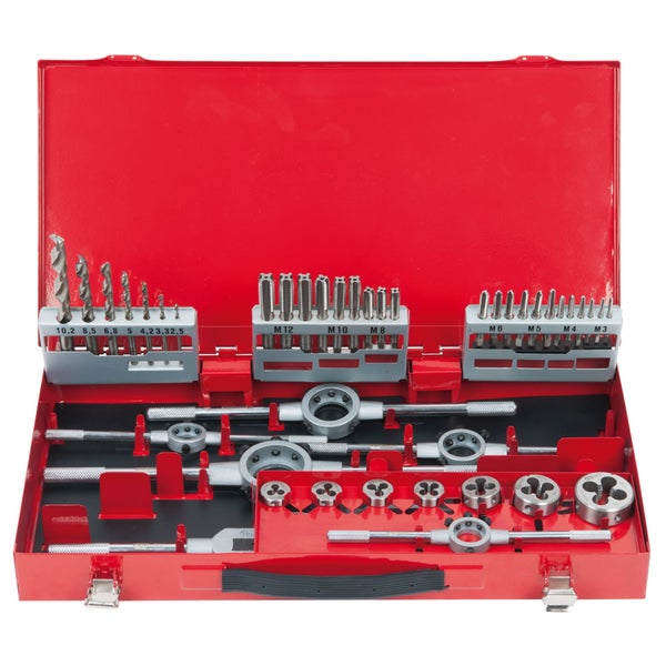 Gewindeschneidsatz mit Bohrern in rotem Metallkoffer
