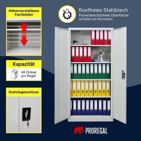 Rostfreier PROREGAL Metallschrank mit höhenverstellbaren Fachböden, Platz für 45 Ordner und Drehriegelschloss. PROREGAL Logo.