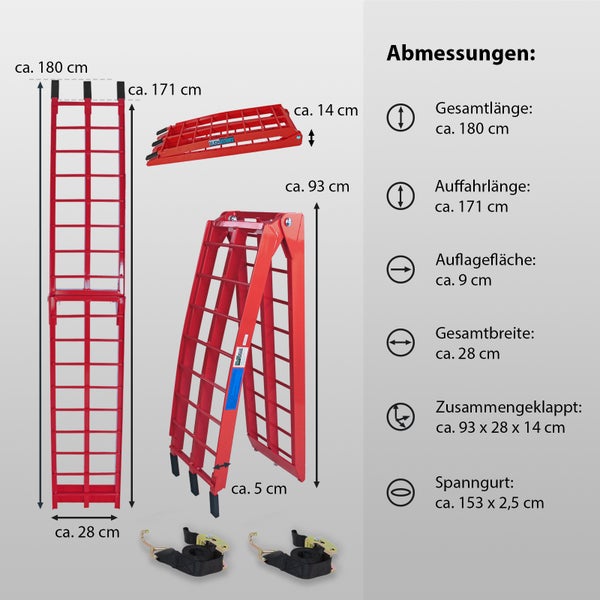 TRUTZHOLM 2 x Auffahrrampe klappbar 180 cm Traglast 680 kg Alu rot geriffelte Einzelstäbe Verladerampe