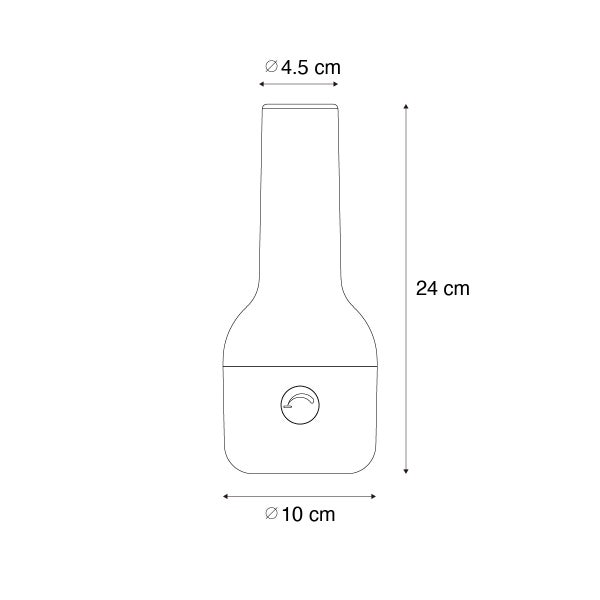 Technische Zeichnung einer Leuchte mit Maßen: Höhe 24 Zentimeter, oberer Durchmesser 4,5 Zentimeter und unterer Durchmesser 10 Zentimeter.