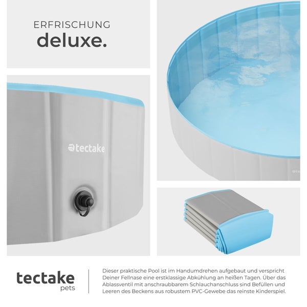Faltbarer Hundepool aus robustem PVC mit Ablassventil, Darstellung im aufgebauten und zusammengefalteten Zustand, tectake pets Logo.