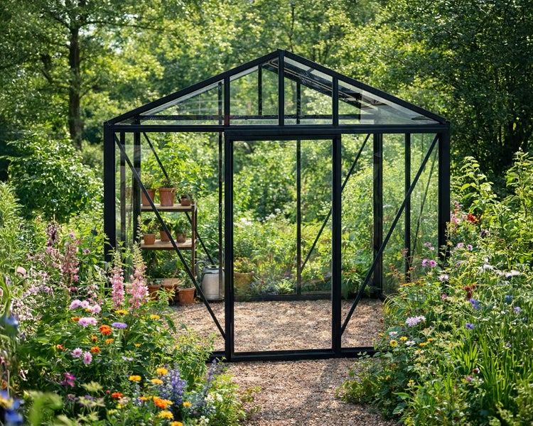 Schwarzes Gewächshaus mit Glaswänden und Satteldach in einem üppigen Garten mit bunten Blumen und grünen Bäumen.