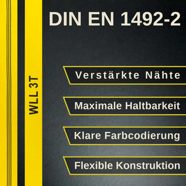 Rundschlinge nach DIN EN 1492-2, 3 Tonnen Tragkraft, verstärkte Nähte, maximale Haltbarkeit, Farbcodierung und flexible Konstruktion.