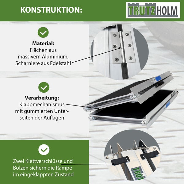 Konstruktionsdetails der Trutzholm Aluminium Rampe mit Scharnieren aus Edelstahl, Klappmechanismus und Klettverschluss Sicherung.