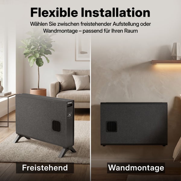 Dimplex Heizkonvektor mit flexiblen Montageoptionen als freistehendes Gerät oder Wandmontage in einem Wohnraum.