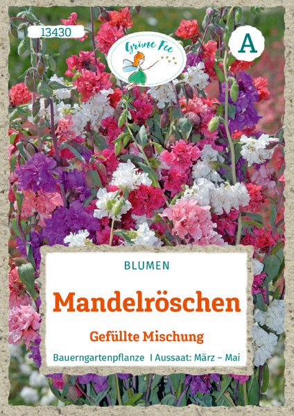 Samentüte Mandelröschen Gefüllte Mischung, Bauerngartenpflanze, Aussaat März bis Mai, Grüne Fee Logo.