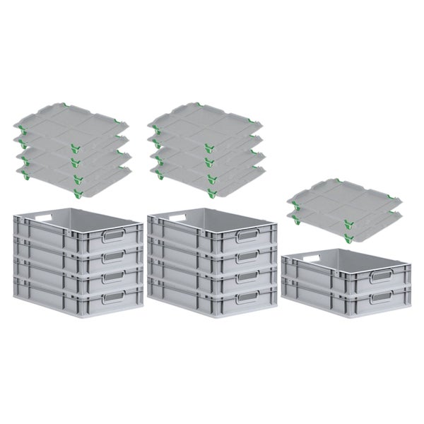 PROREGAL SparSet 10x Eurobox NextGen Grip mit Auflagedeckel mit 4 Grünen Schiebeschnappverschlüssen HxBxT 12 x 40 x 60 cm 23 Liter Griffe