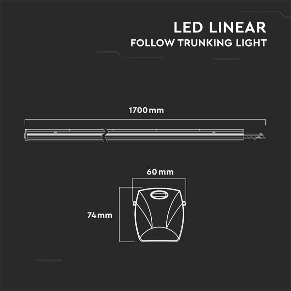 Technische Zeichnung einer 1700 mm LED Linear Follow Trunking Lampe mit den Maßen 60 mm und 74 mm.