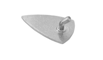 Metallisches Plättchen in Tropfenform mit einem rechtwinklig abgewinkelten Gewindestift zur Montage.