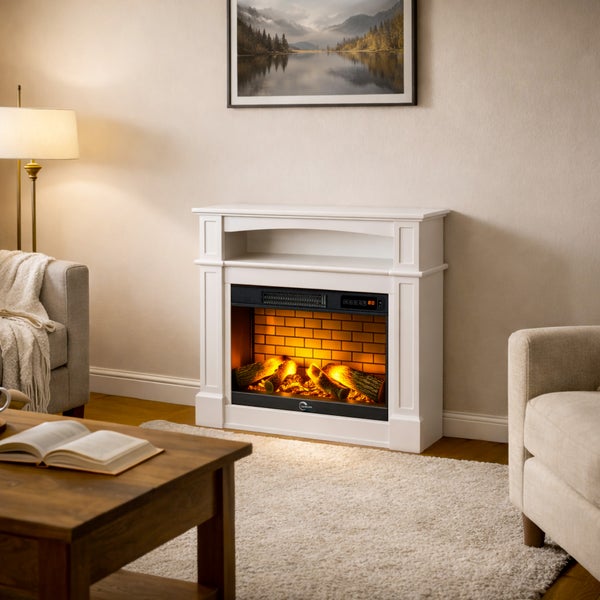 Elektrokamin mit weißer Kaminumrandung und Ablagefach in einem hellen Wohnzimmer mit Holz-Couchtisch, hellem Teppich und Wandbild.