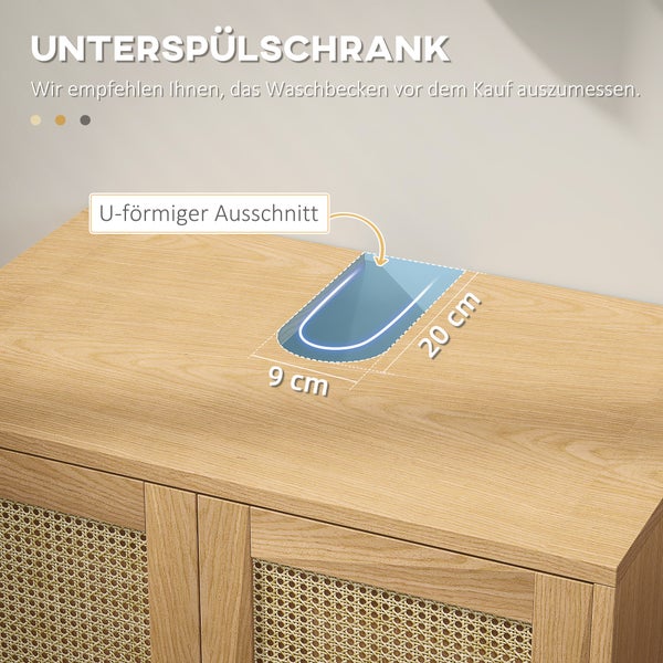 kleankin Waschbeckenunterschrank Unterschrank mit Schrankfach, Waschtischunterschrank mit Rattanoptik, Badunterschrank mit Kippschutz, Eiche, 60 x 39 x 60 cm