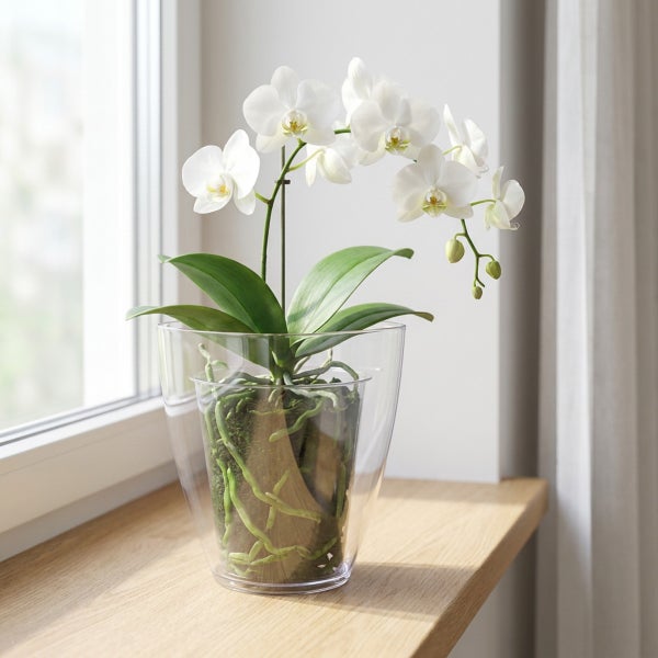Weiße Phalaenopsis Orchidee in einem transparenten Kunststofftopf auf einem Fensterbrett.