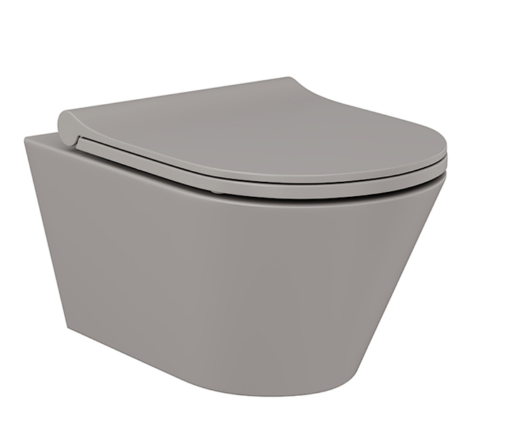 Wand-WC mit passendem WC-Sitz in mattem Design, randlose Ausführung für einfache Reinigung.