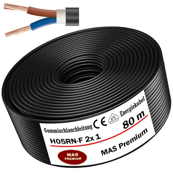 Gummischlauchleitung H05RN-F 2x1 von MAS Premium, 80 Meter Rolle mit Detailansicht der zwei Kupferadern.