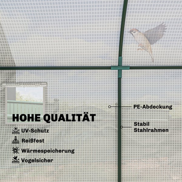 Detailansicht eines Gewächshauses mit stabiler Stahlrahmenkonstruktion und strapazierfähiger Polyethylen Gewebefolie sowie UV Schutz und Wärmespeicher