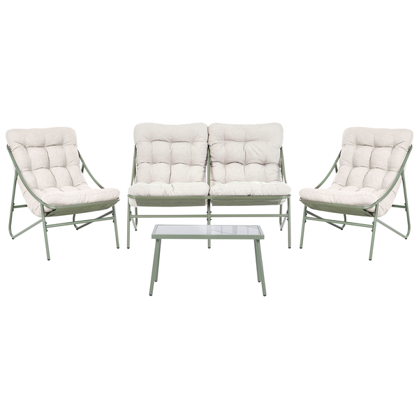 Garten-Lounge-Set aus Metall mit Polstern, bestehend aus einem Sofa, zwei Sesseln und einem Couchtisch mit Glasplatte.