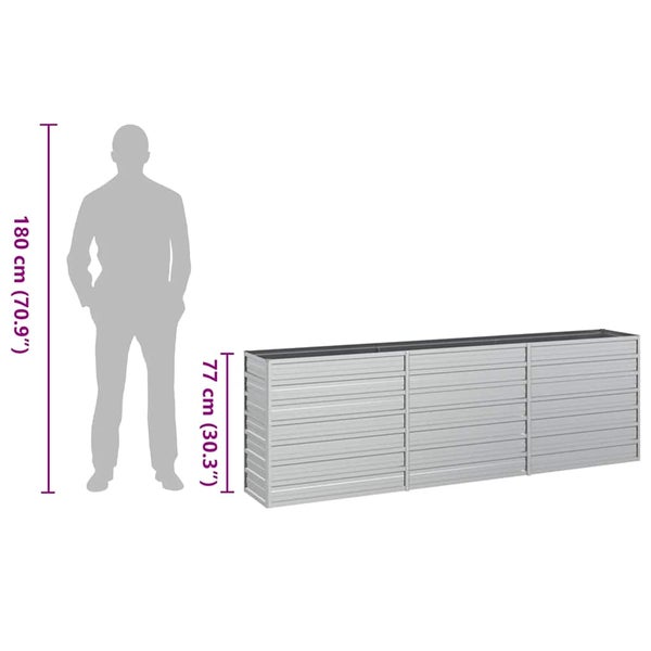 Hochbeet aus Metall mit horizontalen Lamellen, Höhe 77 Zentimeter, im Größenvergleich zu einer 180 Zentimeter großen Person.