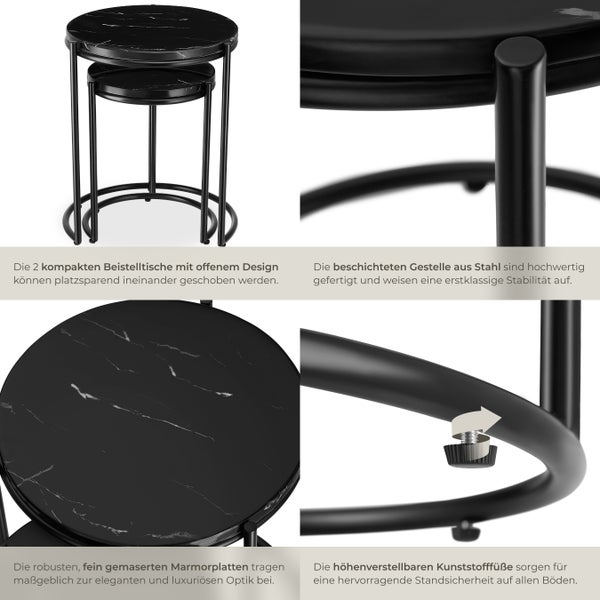 Beistelltisch tectake Ellsa ineinander schiebbar hochwertige Marmorplatten schwarz/schwarz