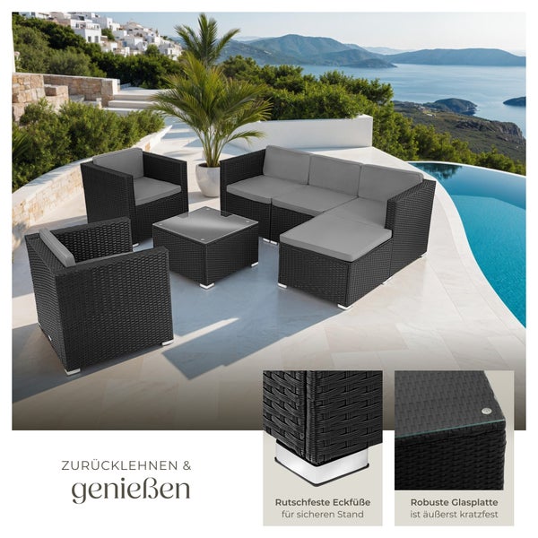 Rattan Lounge tectake Lignano variabel aufstellbar für 5 bis 6 Personen schwarz