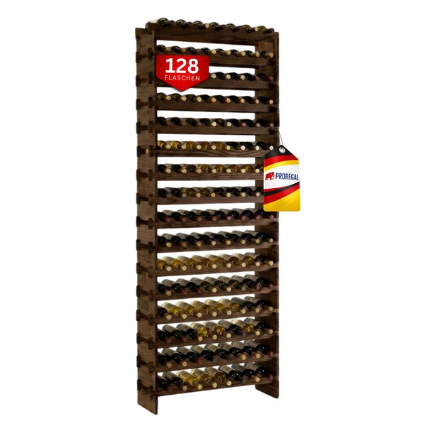 Hohes Weinregal aus Holz mit Proregal Logo für bis zu 128 Flaschen, gefüllt mit Weinflaschen.