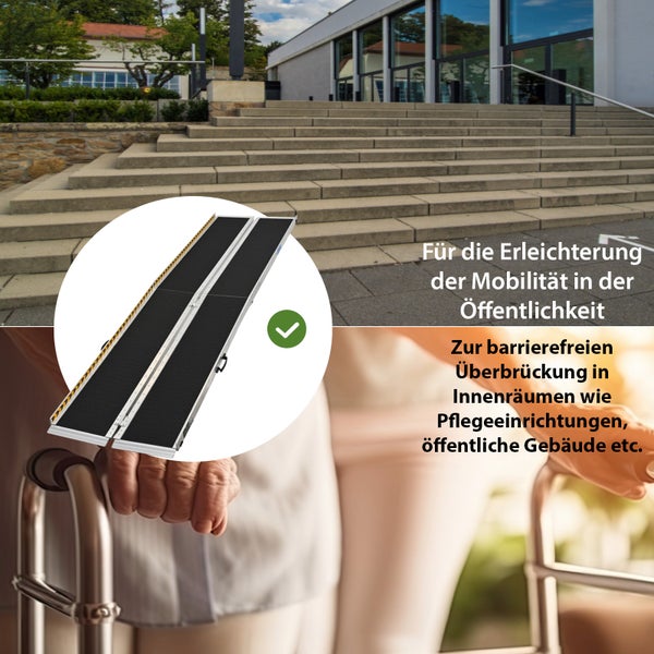 Klappbare Rollstuhlrampe aus Metall zur barrierefreien Überwindung von Stufen in Innenräumen und im Außenbereich für mehr Mobilität.