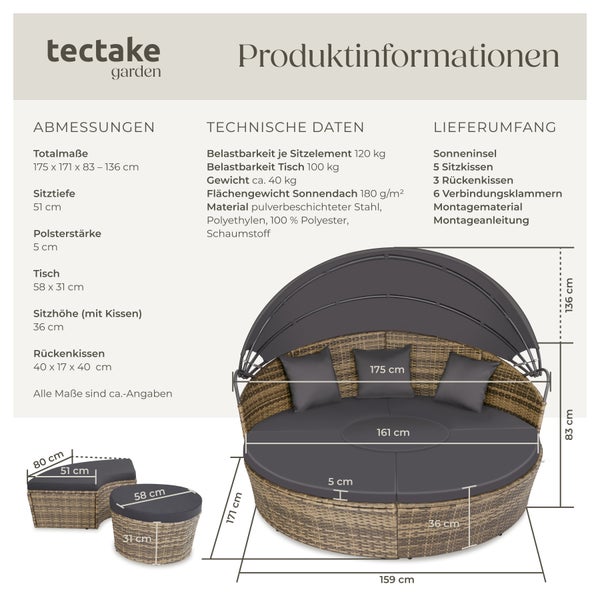 Rattan Sonneninsel tectake Santorin variabel aufstellbar widerstandsfähig natur/dunkelgrau