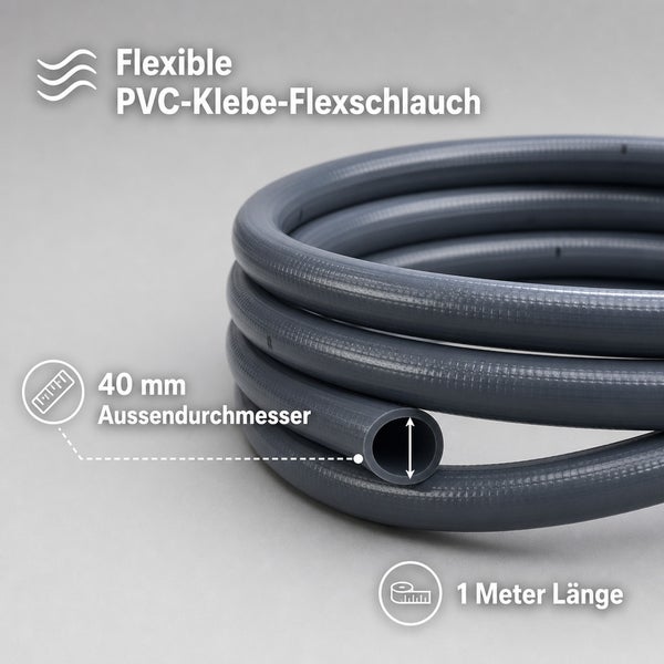Flexibler PVC Klebe Flexschlauch mit 40 Millimeter Außendurchmesser und 1 Meter Länge.
