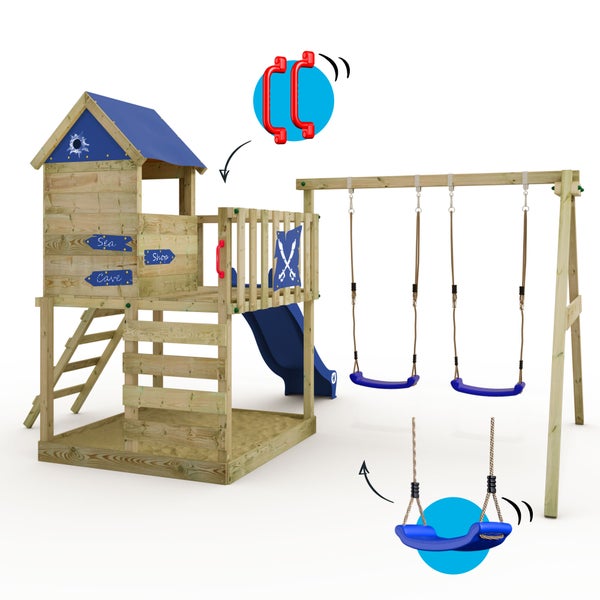 WICKEY Spielturm Klettergerüst Smart Cave mit Schaukel und Rutsche, Baumhaus mit Sandkasten, Kletterleiter und Spiel-Zubehör – blau