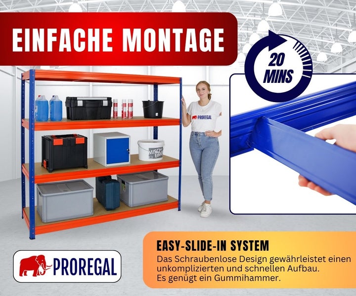 Proregal Schwerlastregal, vier Holzböden, blau-orangener Rahmen, schraubenlose Montage in circa 20 Minuten. Easy-Slide-In-System. Proregal Logo.