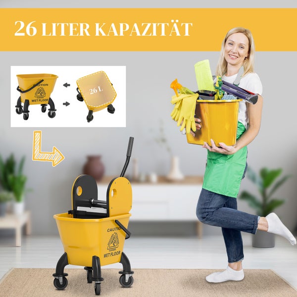 HOMCOM Putzwagen Reinigungswagen 26 Liter Eimer mit Presse, Wischwagen mit Griff und Mopp für Gebäudereinigung Gelb