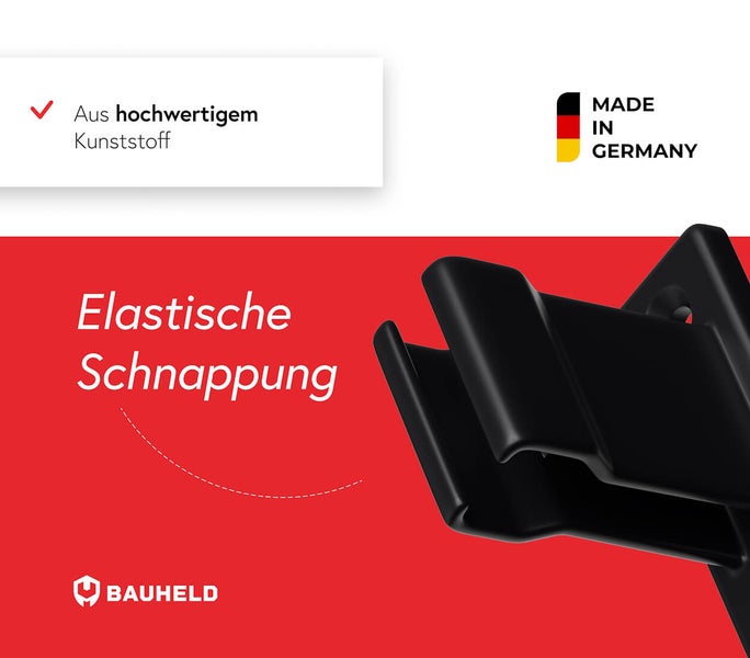 Detailaufnahme einer elastischen Schnappverbindung aus hochwertigem Kunststoff, hergestellt in Deutschland, mit Bauheld Logo