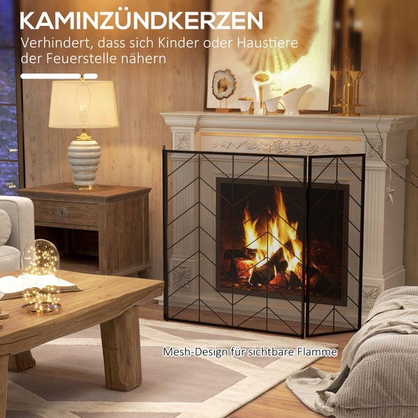 HOMCOM Kaminschutzgitter, Klappbares Kamingitter mit 3 Paneelen, Ofenschutzgitter, Funkenschutzgitter für Wohnzimmer, Stahl, 135 x 85 cm, Schwarz