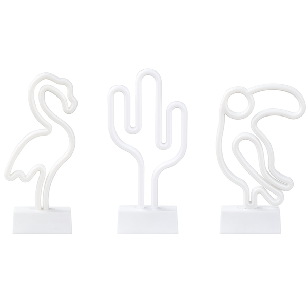 Drei LED-Neonleuchten in Form eines Flamingos, eines Kaktus und eines Tukans auf weißen Standfüßen.