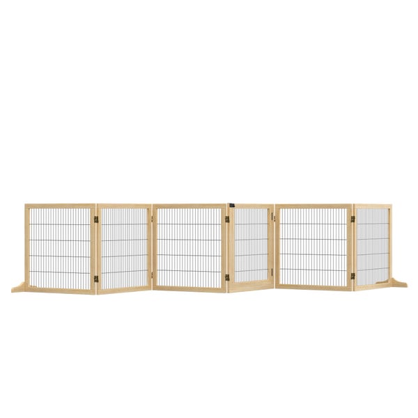 PawHut Absperrgitter Hund 6-teilig, 432 x 70 cm Faltbar Türschutzgitter mit 2 Stützfüßen, Freistehend Hundegitter, Treppengitter für mittelgroße Hunde, für Flur, Treppe, Naturholz