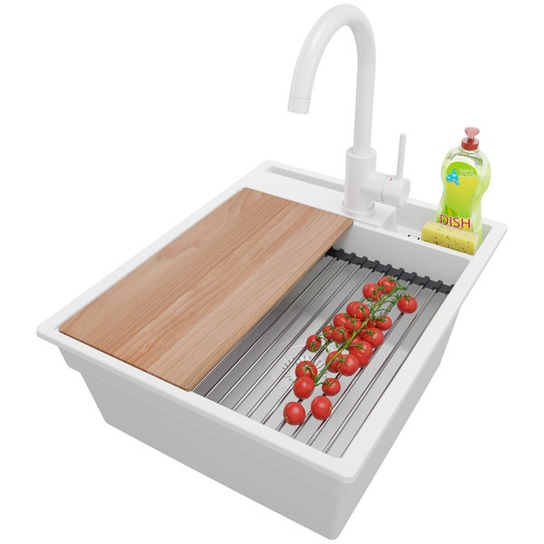 PRIMAGRAN Granitspüle Alles Weiß 43x53cm, Spülbecken 1 Becken + Küchenarmatur 32x20cm + Ablauf-Set + Küchenzubehörset, Küchenspüle ab 45er Unterschrank - Oslo Pocket