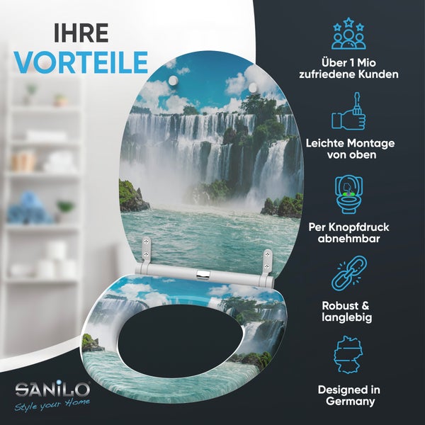 WC-Sitz mit Wasserfall-Motiv, einfache Montage von oben, abnehmbar per Knopfdruck, robust, langlebig, in Deutschland entworfen, Sanilo Logo.