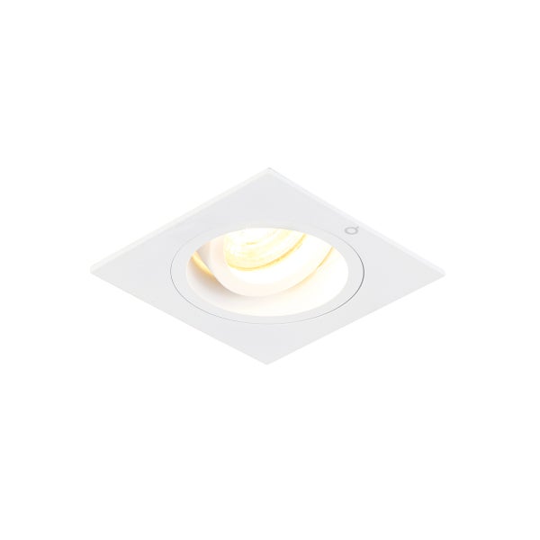 Quadratischer Einbaustrahler in Weiß, schwenkbar, mit rundem Leuchtmitteleinsatz.