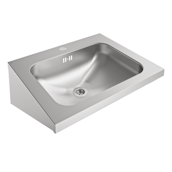 Waschbecken aus Edelstahl für die Wandmontage mit Überlauf und Abflussloch.