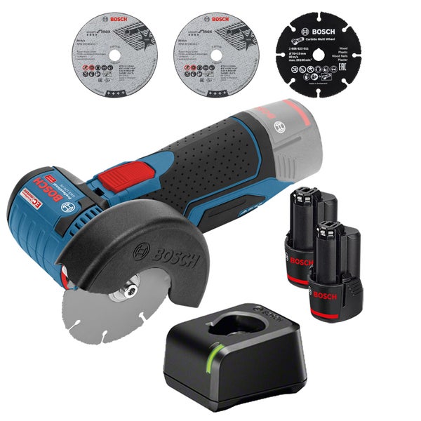 Bosch Akku Winkelschleifer GWS 12 Volt 76 Professional mit zwei Akkus, Ladegerät und drei Trennscheiben.