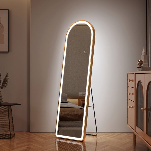 EMKE Bogen Standspiegel Gold, 147 x 45 cm, Ganzkörperspiegel mit LED-Beleuchtung, 3 einstellbare Lichtfarben und dimmbar, Aluminiumrahmen, ideal für Wohn-, Schlaf-, Aufenthalts- und Ankleidezimmer