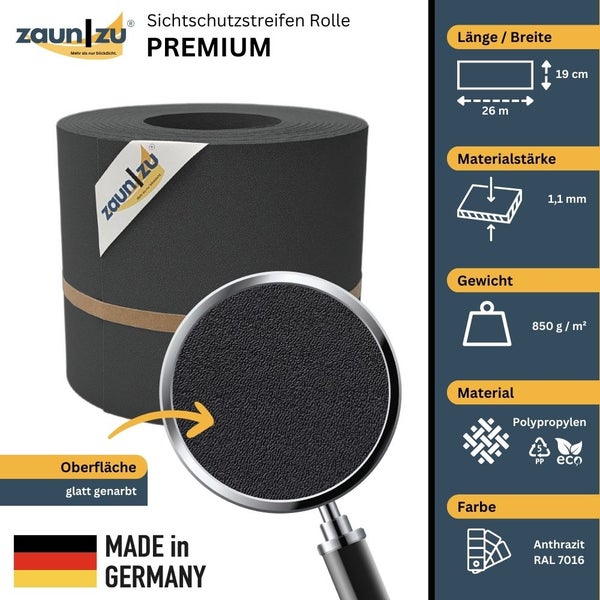 Zaun zu Sichtschutzstreifen Rolle Premium, 26 Meter lang, 19 Zentimeter breit, Materialstärke 1,1 Millimeter, Gewicht 850 Gramm pro Quadratmeter, Material Polypropylen, Oberfläche glatt genarbt, Farbe Anthrazit, Made in Germany