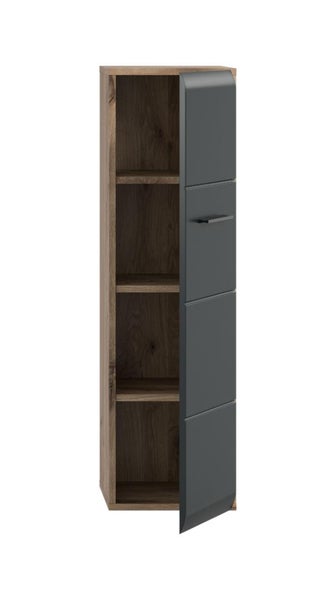 Hochschrank für das Badezimmer mit Korpus in Holzoptik, einer anthrazitfarbenen Tür und Einlegeböden.