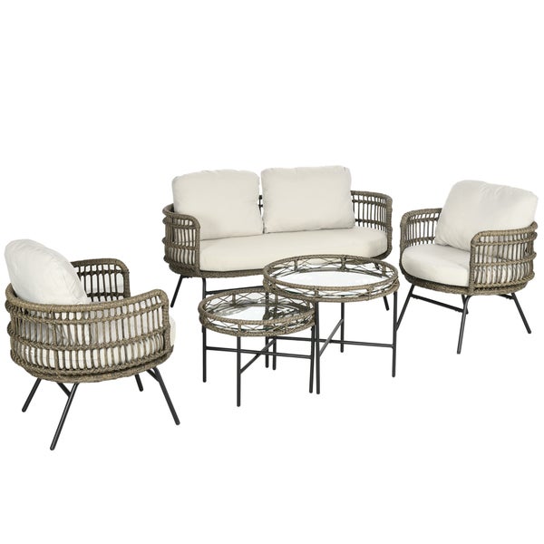 Outsunny Gartenmöbel-Set, 5 tlg. Rattan Sitzgarnitur mit Kissen, Sitzgruppe mit 2 Sesseln, 2 Couchtischen, 1 Doppelsofa, Balkonmöbel im Boho-Stil, für 4 Personen, Alu, Braun