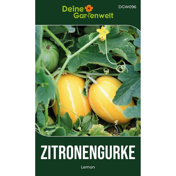 Samentüte für Zitronengurke von Deine Gartenwelt mit Abbildung von gelben und grünen Früchten an der Pflanze.