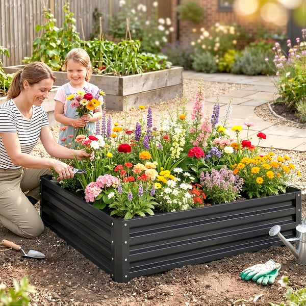 Geräumiges schwarzes Hochbeet aus Metall mit bunten Blumen in einem Garten.