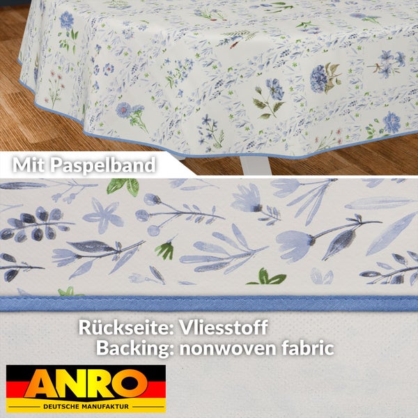 Tischdecke mit Blumenmuster und Paspelband, Rückseite Vliesstoff, Anro Logo