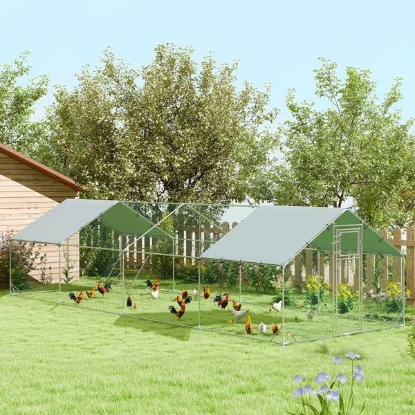 PawHut Hühnerstall Freilaufgehege aus Stahl, 300 x 800 x 195 cm Hühnerkäfig mit UV-beständiger Abdeckung, Futtertür, Hängefütterung, Sitzstange, Hühnergehege für 24-30 Hühner, Kleintiere, Silber