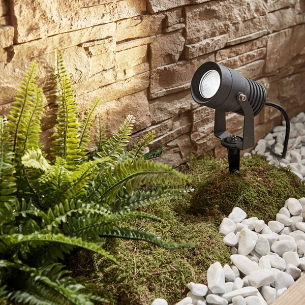 Schwarzer LED-Gartenspot mit Erdspieß beleuchtet eine Steinwand im Garten neben Farnen und Moos.