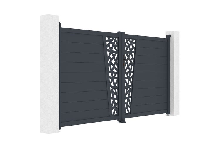 Zweiflügeliges Einfahrtstor aus Aluminium mit modernen Querlamellen und einem dekorativen geometrischen Ausschnitt in der Mitte.