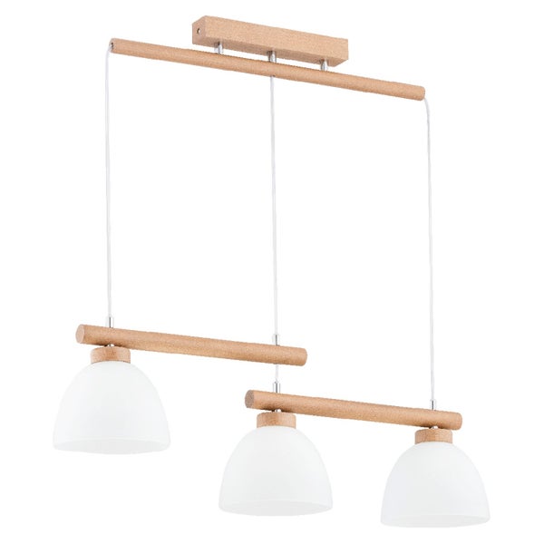 Drei flammige Pendelleuchte aus Holz mit runden Glasschirmen für die Deckenmontage